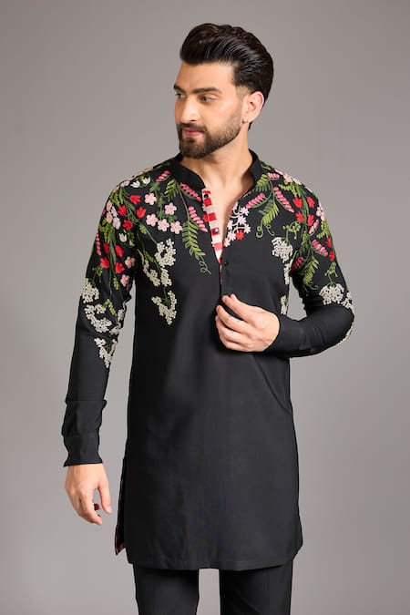 Shop_Rabani & Rakha_Black Gingham, Cotton, Silk Embroidery Gorgette Kurta And Pant Set _Online_at_Aza_Fashions