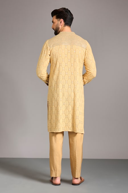Shop_Rabani & Rakha_Gold Gingham Embroidery Leaf Thread Work Kurta Set _at_Aza_Fashions