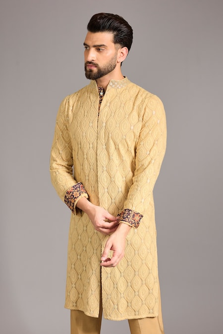 Rabani & Rakha_Gold Gingham Embroidery Leaf Thread Work Kurta Set _Online_at_Aza_Fashions