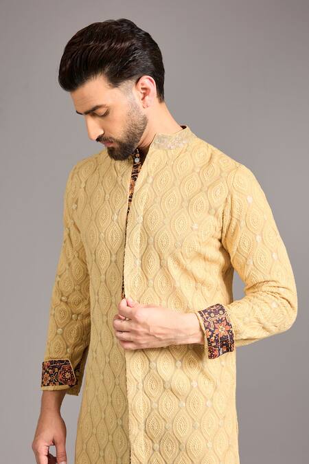 Buy_Rabani & Rakha_Gold Gingham Embroidery Leaf Thread Work Kurta Set _Online_at_Aza_Fashions