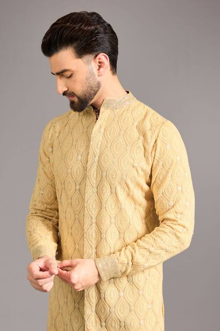 Shop_Rabani & Rakha_Gold Gingham Embroidery Leaf Thread Work Kurta Set _Online_at_Aza_Fashions