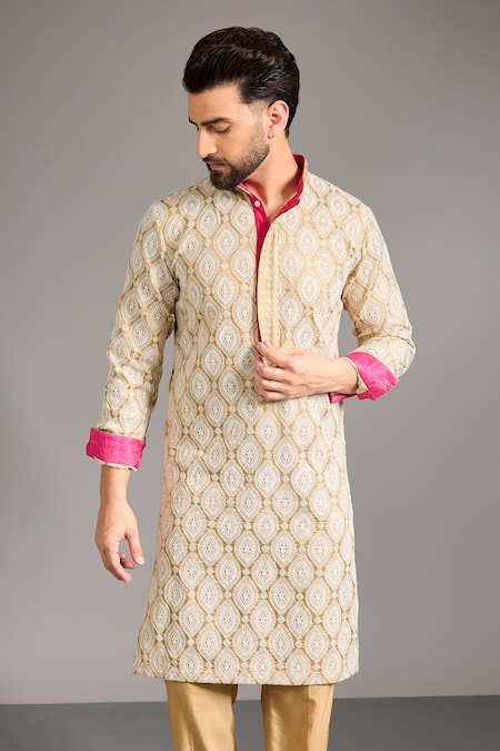 Rabani & Rakha_Gold Cotton, Silk Sequins, Embroidery Kurta Set _Online_at_Aza_Fashions