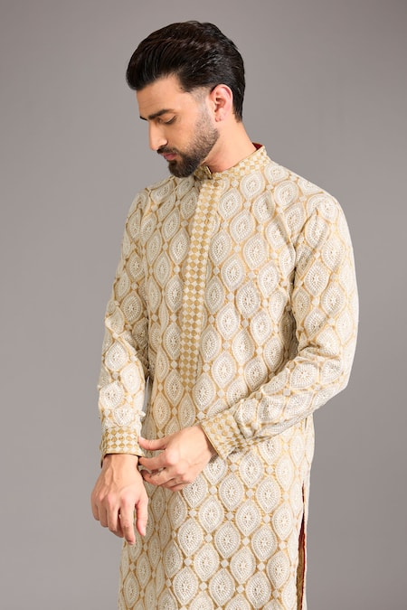 Buy_Rabani & Rakha_Gold Cotton, Silk Sequins, Embroidery Kurta Set _Online_at_Aza_Fashions