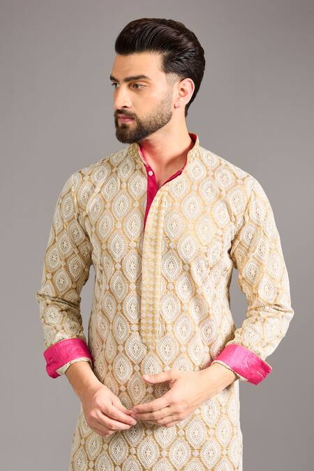 Shop_Rabani & Rakha_Gold Cotton, Silk Sequins, Embroidery Kurta Set _Online_at_Aza_Fashions