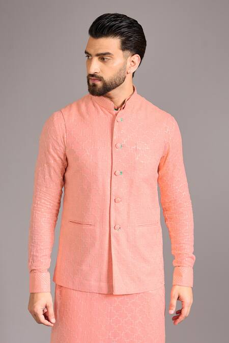 Buy_Rabani & Rakha_Rose Gold Cotton, Silk Sequins Peach Jaal Bundi Set _Online_at_Aza_Fashions