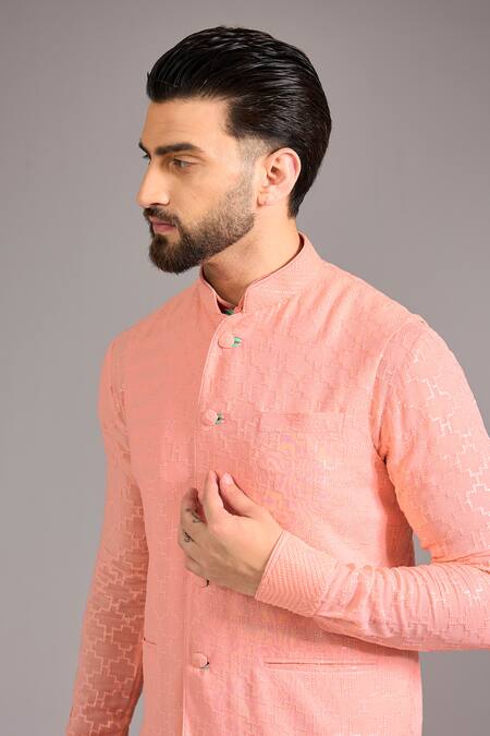 Shop_Rabani & Rakha_Rose Gold Cotton, Silk Sequins Peach Jaal Bundi Set _Online_at_Aza_Fashions