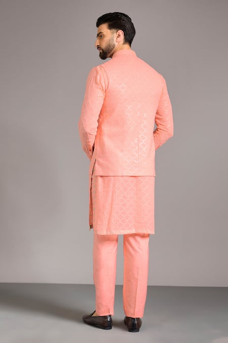 Shop_Rabani & Rakha_Rose Gold Sequins Jaal Nehru Jacket _at_Aza_Fashions