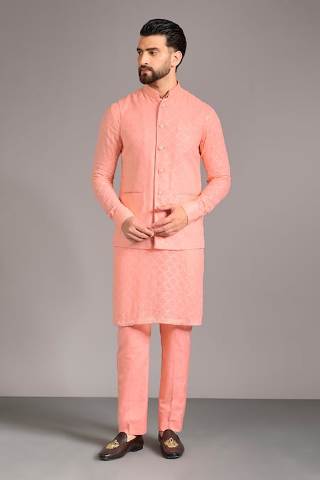 Rabani & Rakha_Rose Gold Sequins Jaal Nehru Jacket _Online_at_Aza_Fashions