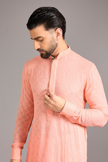 Buy_Rabani & Rakha_Peach Cotton, Silk Sequins Gorgette Kurta Set _Online_at_Aza_Fashions
