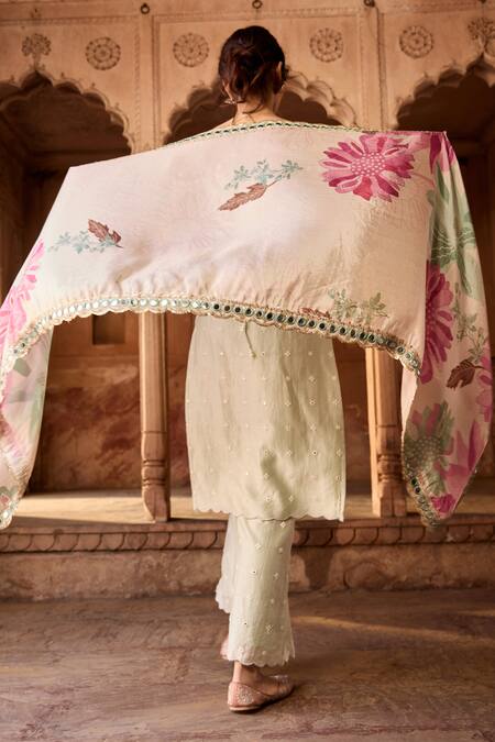 SAANJH BY LEA Green Chanderi, Georgette Mirrors Square Neck Sage Embroidered Kurta Set Online at Aza Fashions SAANJH BY LEA_Green Chanderi, Georgette Mirrors Square Neck Sage Embroidered Kurta Set _Online_at_Aza_Fashions