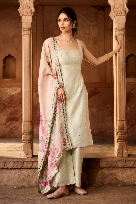 Shop SAANJH BY LEA Green Chanderi, Georgette Mirrors Square Neck Sage Embroidered Kurta Set Online at Aza Fashions Shop_SAANJH BY LEA_Green Chanderi, Georgette Mirrors Square Neck Sage Embroidered Kurta Set _Online_at_Aza_Fashions