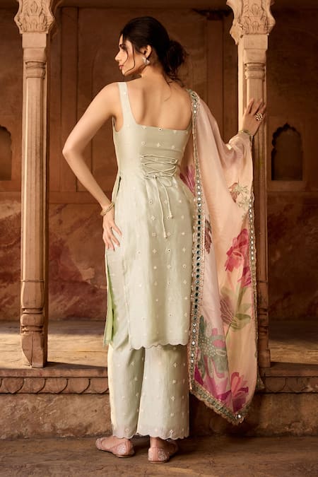 Shop SAANJH BY LEA Green Chanderi, Georgette Mirrors Square Neck Sage Embroidered Kurta Set at Aza Fashions Shop_SAANJH BY LEA_Green Chanderi, Georgette Mirrors Square Neck Sage Embroidered Kurta Set _at_Aza_Fashions