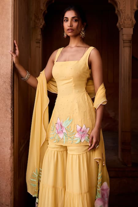 SAANJH BY LEA_Yellow Georgette Embroidery Square Neck Kurta Set With Sharara _Online_at_Aza_Fashions