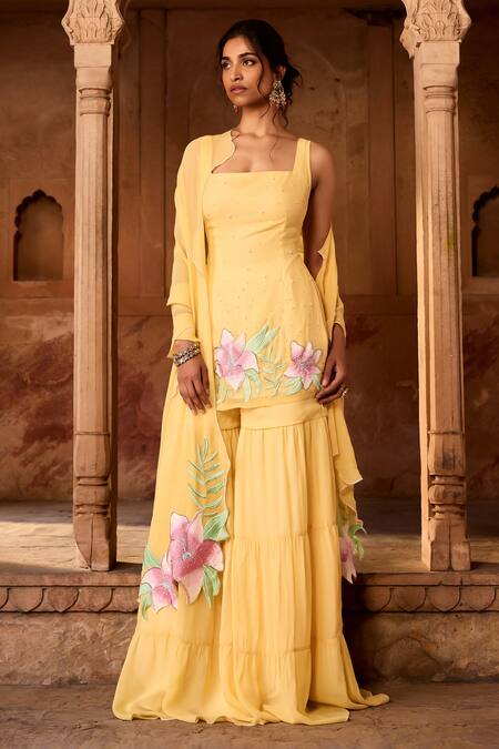 Buy_SAANJH BY LEA_Yellow Georgette Embroidery Square Neck Kurta Set With Sharara _Online_at_Aza_Fashions