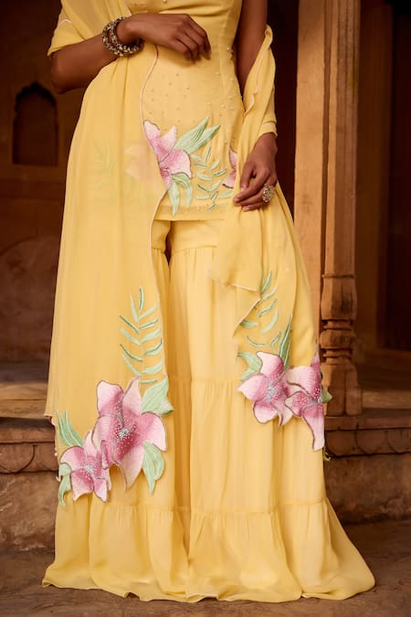 Shop_SAANJH BY LEA_Yellow Georgette Embroidery Square Neck Kurta Set With Sharara _Online_at_Aza_Fashions