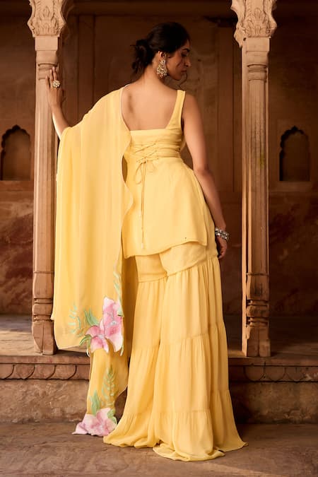 SAANJH BY LEA Embroidered Yellow Kurta Set With Sharara 