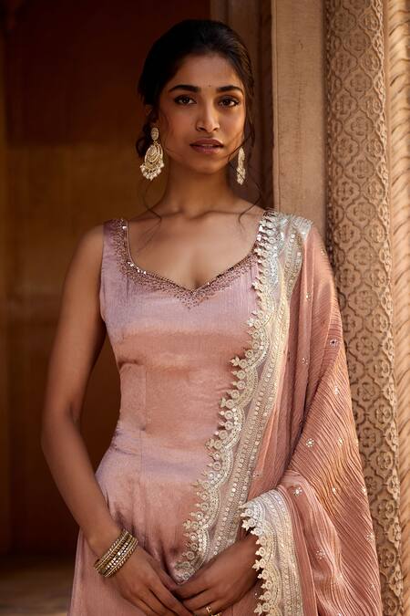 Shop SAANJH BY LEA Mauve Satin, Crepe Lace, Embroidery Sweetheart Neck Crush Anarkali Set Online at Aza Fashions Shop_SAANJH BY LEA_Mauve Satin, Crepe Lace, Embroidery Sweetheart Neck Crush Anarkali Set _Online_at_Aza_Fashions