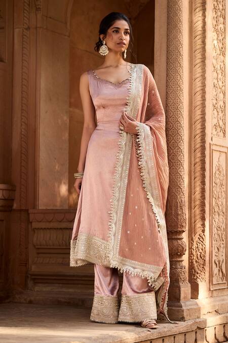 SAANJH BY LEA Mauve Satin, Crepe Lace, Embroidery Sweetheart Neck Crush Anarkali Set at Aza Fashions SAANJH BY LEA_Mauve Satin, Crepe Lace, Embroidery Sweetheart Neck Crush Anarkali Set _at_Aza_Fashions