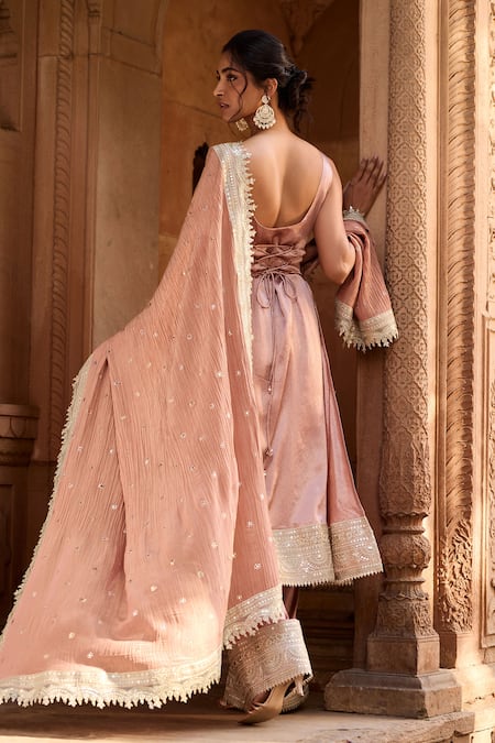 Shop SAANJH BY LEA Mauve Satin, Crepe Lace, Embroidery Sweetheart Neck Crush Anarkali Set at Aza Fashions Shop_SAANJH BY LEA_Mauve Satin, Crepe Lace, Embroidery Sweetheart Neck Crush Anarkali Set _at_Aza_Fashions