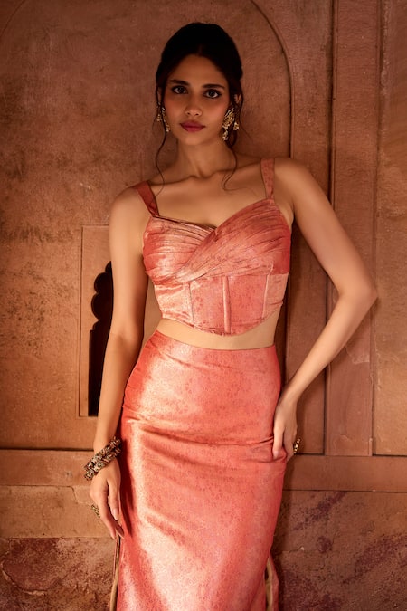 Shop SAANJH BY LEA Orange Brocade Lace Sweetheart Neck Neckline Top And Midi Skirt Set Online at Aza Fashions Shop_SAANJH BY LEA_Orange Brocade Lace Sweetheart Neck Neckline Top And Midi Skirt Set _Online_at_Aza_Fashions