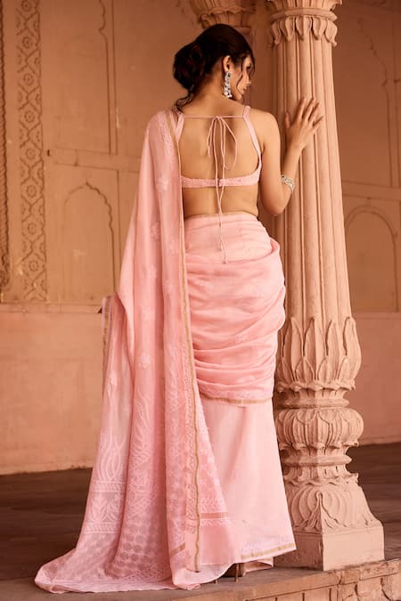 Shop SAANJH BY LEA Pink Chanderi Embroidery, Pearls Sweetheart Neck Chikankari Pre-draped Saree Set at Aza Fashions Shop_SAANJH BY LEA_Pink Chanderi Embroidery, Pearls Sweetheart Neck Chikankari Pre-draped Saree Set _at_Aza_Fashions
