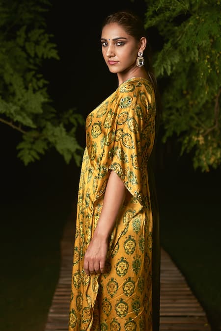 Sheeshakari Yellow Silk Beads, Embroidery Round Neck Ajrakh Print Kaftan Dress Online at Aza Fashions Sheeshakari_Yellow Silk Beads, Embroidery Round Neck Ajrakh Print Kaftan Dress _Online_at_Aza_Fashions