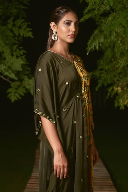 Buy Sheeshakari Yellow Silk Beads, Embroidery Round Neck Ajrakh Print Kaftan Dress Online at Aza Fashions Buy_Sheeshakari_Yellow Silk Beads, Embroidery Round Neck Ajrakh Print Kaftan Dress _Online_at_Aza_Fashions