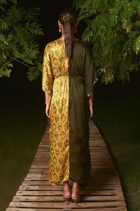 Shop Sheeshakari Yellow Silk Beads, Embroidery Round Neck Ajrakh Print Kaftan Dress at Aza Fashions Shop_Sheeshakari_Yellow Silk Beads, Embroidery Round Neck Ajrakh Print Kaftan Dress _at_Aza_Fashions