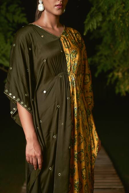 Shop Sheeshakari Yellow Silk Beads, Embroidery Round Neck Ajrakh Print Kaftan Dress Online at Aza Fashions Shop_Sheeshakari_Yellow Silk Beads, Embroidery Round Neck Ajrakh Print Kaftan Dress _Online_at_Aza_Fashions