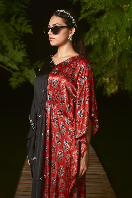 Sheeshakari_Red Silk Mirrors, Beads Round Neck Ajrakh Hand Printed Kaftan Dress _Online_at_Aza_Fashions