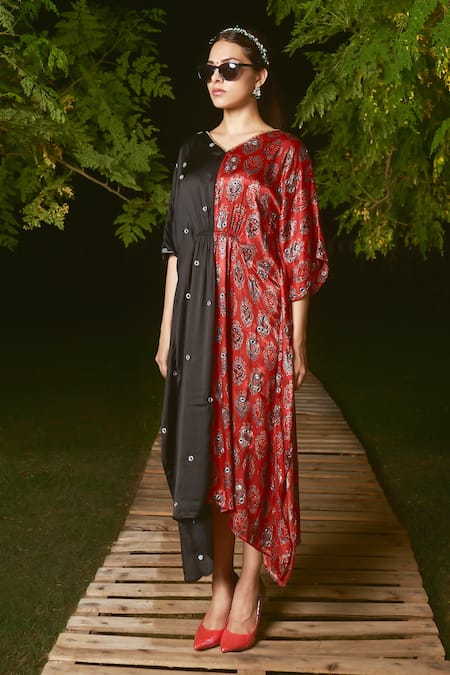 Buy_Sheeshakari_Red Silk Mirrors, Beads Round Neck Ajrakh Hand Printed Kaftan Dress _Online_at_Aza_Fashions