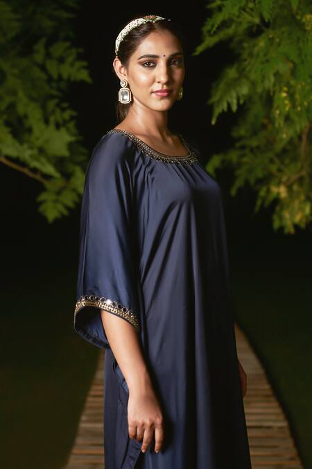Sheeshakari Blue Silk Embroidery Ornate Hand Kaftan Online at Aza Fashions Sheeshakari_Blue Silk Embroidery Ornate Hand Kaftan _Online_at_Aza_Fashions