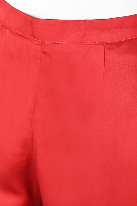 Sheeshakari_Red Silk Embroidery, Beads Split V-neck Crimson Hand Kurta Set _Online_at_Aza_Fashions