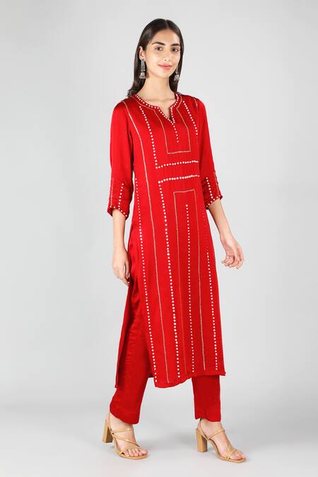 Buy_Sheeshakari_Red Silk Embroidery, Beads Split V-neck Crimson Hand Kurta Set _Online_at_Aza_Fashions