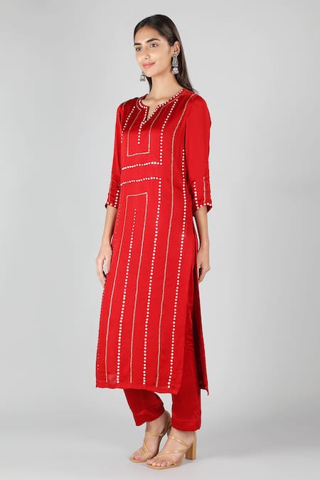 Shop_Sheeshakari_Red Silk Embroidery, Beads Split V-neck Crimson Hand Kurta Set _Online_at_Aza_Fashions