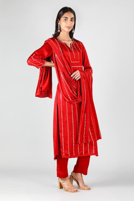 Sheeshakari_Red Silk Embroidery, Beads Split V-neck Crimson Hand Kurta Set _at_Aza_Fashions