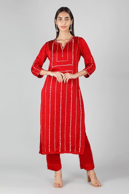 Buy_Sheeshakari_Red Silk Embroidery, Beads Split V-neck Crimson Hand Kurta Set 
