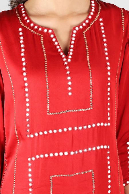 Shop_Sheeshakari_Red Silk Embroidery, Beads Split V-neck Crimson Hand Kurta Set 