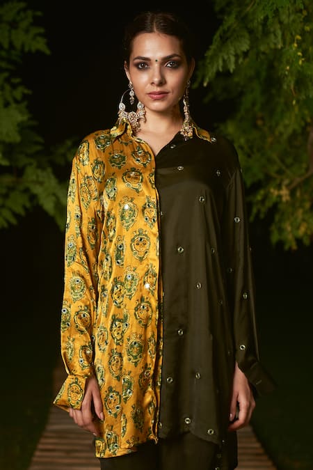 Shop Sheeshakari Yellow Silk Embroidery Collared Ajrakh Hand Printed Co-ord Set at Aza Fashions Shop_Sheeshakari_Yellow Silk Embroidery Collared Ajrakh Hand Printed Co-ord Set _at_Aza_Fashions