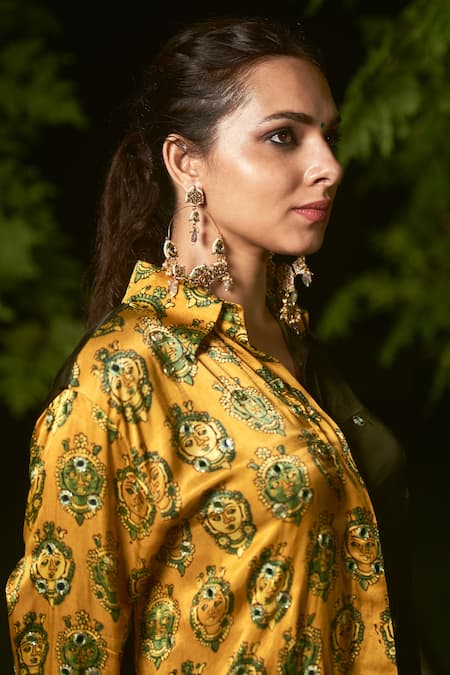 Sheeshakari Yellow Silk Embroidery Collared Ajrakh Hand Printed Co-ord Set Online at Aza Fashions Sheeshakari_Yellow Silk Embroidery Collared Ajrakh Hand Printed Co-ord Set _Online_at_Aza_Fashions