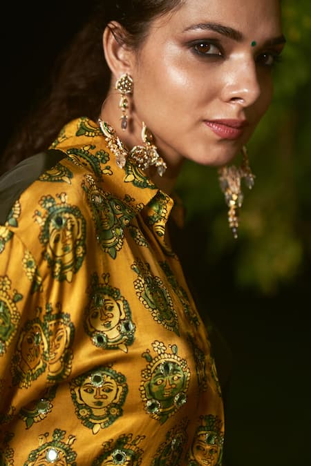 Buy Sheeshakari Yellow Silk Embroidery Collared Ajrakh Hand Printed Co-ord Set Online at Aza Fashions Buy_Sheeshakari_Yellow Silk Embroidery Collared Ajrakh Hand Printed Co-ord Set _Online_at_Aza_Fashions