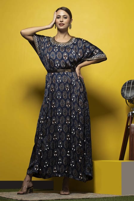 Shop Sheeshakari Blue Silk Mirrors, Beads Round Neck Ajrakh Hand Printed Kaftan at Aza Fashions Shop_Sheeshakari_Blue Silk Mirrors, Beads Round Neck Ajrakh Hand Printed Kaftan _at_Aza_Fashions