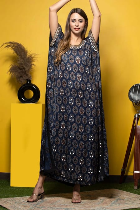 Sheeshakari Blue Silk Mirrors, Beads Round Neck Ajrakh Hand Printed Kaftan Online at Aza Fashions Sheeshakari_Blue Silk Mirrors, Beads Round Neck Ajrakh Hand Printed Kaftan _Online_at_Aza_Fashions