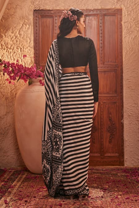 Shop The Royaleum Black Silk Embroidery Striped And White Saree Set at Aza Fashions Shop_The Royaleum_Black Silk Embroidery Striped And White Saree Set _at_Aza_Fashions