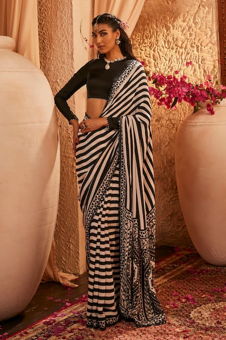 Shop The Royaleum Black Silk Embroidery Striped And White Saree Set Online at Aza Fashions Shop_The Royaleum_Black Silk Embroidery Striped And White Saree Set _Online_at_Aza_Fashions