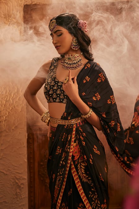 The Royaleum Multi Color Silk Embroidery Round Neck Black Floral Pre-draped Saree Set Online at Aza Fashions The Royaleum_Multi Color Silk Embroidery Round Neck Black Floral Pre-draped Saree Set _Online_at_Aza_Fashions