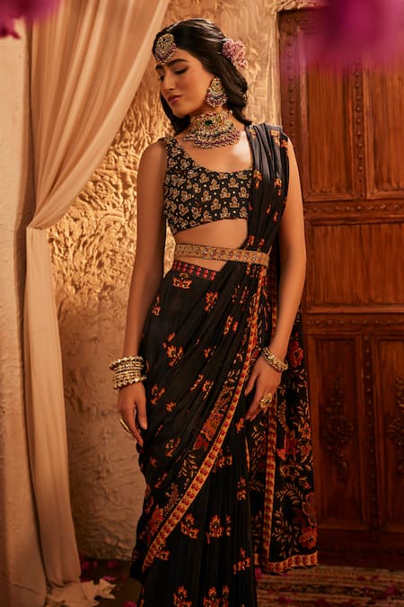 Buy The Royaleum Multi Color Silk Embroidery Round Neck Black Floral Pre-draped Saree Set Online at Aza Fashions Buy_The Royaleum_Multi Color Silk Embroidery Round Neck Black Floral Pre-draped Saree Set _Online_at_Aza_Fashions