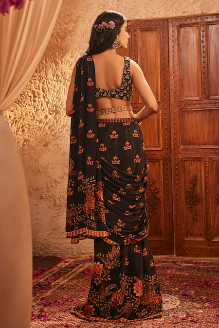 Shop The Royaleum Multi Color Silk Embroidery Round Neck Black Floral Pre-draped Saree Set at Aza Fashions Shop_The Royaleum_Multi Color Silk Embroidery Round Neck Black Floral Pre-draped Saree Set _at_Aza_Fashions