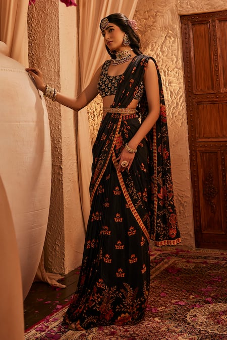 Shop The Royaleum Multi Color Silk Embroidery Round Neck Black Floral Pre-draped Saree Set Online at Aza Fashions Shop_The Royaleum_Multi Color Silk Embroidery Round Neck Black Floral Pre-draped Saree Set _Online_at_Aza_Fashions