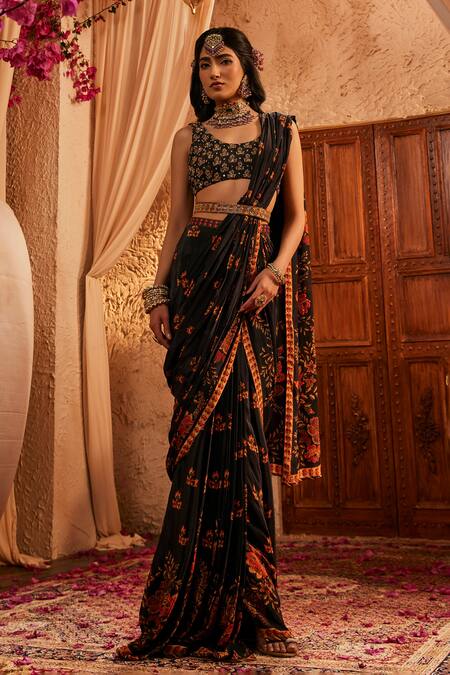 The Royaleum Multi Color Silk Embroidery Round Neck Black Floral Pre-draped Saree Set at Aza Fashions The Royaleum_Multi Color Silk Embroidery Round Neck Black Floral Pre-draped Saree Set _at_Aza_Fashions